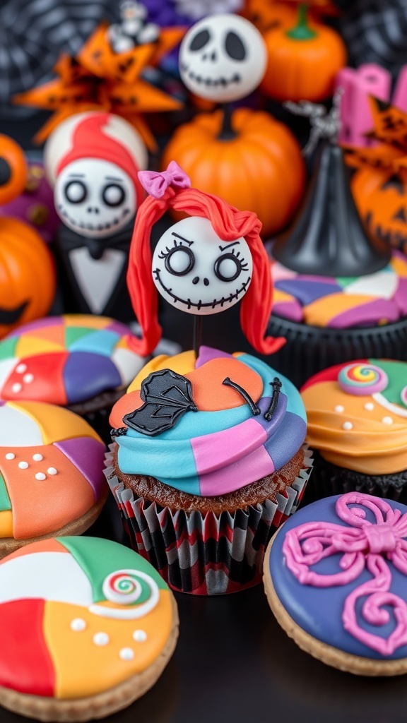 Colorful Sally inspired cupcakes and cookies with patchwork designs on a festive Halloween table.